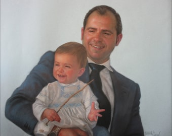 May include: A portrait painting of a man in a blue suit holding a young child in a white dress. The man is smiling and the child is laughing. The painting is signed and dated "2013".