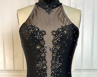 Gorgeous Biketard Costume for Aerial, Dance, Circus, Pole - Black Gold Rhinestones - Ready to Ship - Medium