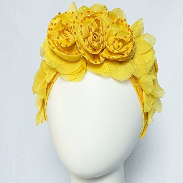 Vintage Yellow Beaded 1920s Glam Floral Showgirl Burlesque Flapper Cap Hat Turban Cloche Beanie Costume OOAK