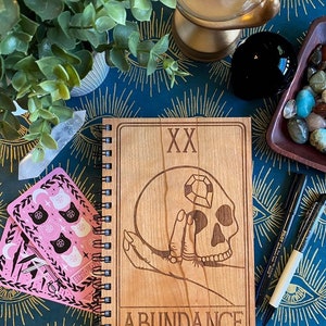 Abundance Skull Engraved Wood Notebook Spiral Bound Journal Wooden Cover Sketchbook Gift for Witch Manifestation Journal Budget image 2