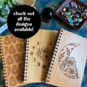 Abundance Skull Engraved Wood Notebook Spiral Bound Journal Wooden Cover Sketchbook Gift for Witch Manifestation Journal Budget image 5