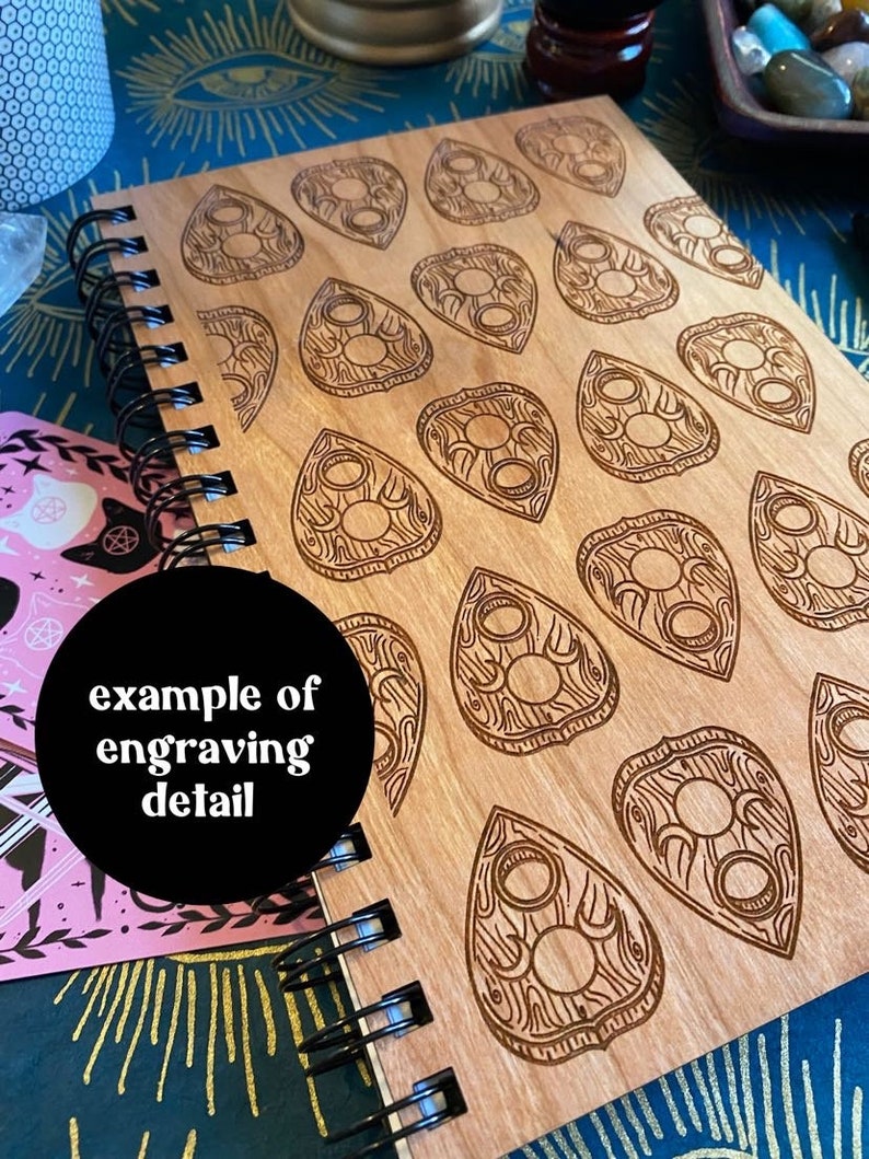 Abundance Skull Engraved Wood Notebook Spiral Bound Journal Wooden Cover Sketchbook Gift for Witch Manifestation Journal Budget image 3