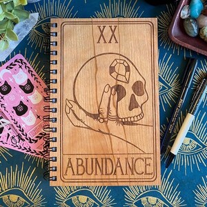 Abundance Skull Engraved Wood Notebook Spiral Bound Journal Wooden Cover Sketchbook Gift for Witch Manifestation Journal Budget image 1