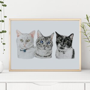 May include: A framed print featuring three cat portraits. The cats are depicted in detail, with varying colors and patterns: a white cat, a gray tabby, and a black and white cat. Each cat wears a collar. The background is a light gray.