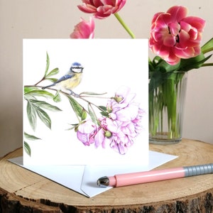 Blaumeise auf Pfingstrose Grußkarte, Blauit auf Blume, Gartenvögel und Blumen, Blumenkarte, Pfingstrose Karte