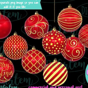 Boules de Noël rouges et or Clip art, clipart 3D de décorations de Noël, étoiles, rayures, graphiques, éphémères Noël, clipart, téléchargement immédiat