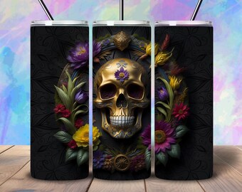 20 oz Skull tumbler wrap - Skinny Straight Tumbler 20oz Design - Gothic tumbler wrap -  3D flower skull design - Digital Download PNG Wrap