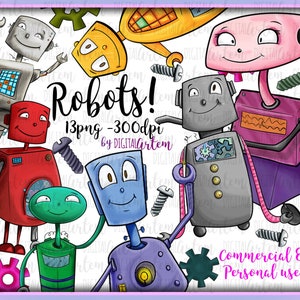 Clipart de robôs dançantes - Robôs de brinquedo - Robôs coloridos - Clipart aquarela - Robôs fofos - Máquina - Clip art - Vetor de robôs, crianças