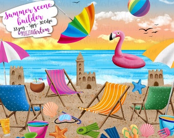 Clipart de playa -Mega Summer Clipart bundle- Scene builder clipart - clip art-Cute clipart-Pool-Umbrella-Sand-Flamingo-Chair-Ball-Water-Ocean