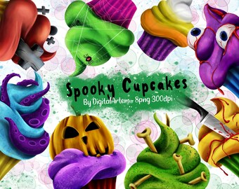 Spooky halloween cupcakes Clipart - Halloween deserts clipart - Jack O' lantern - Eyeballs - Knife - Blood - Colorful - Scary sweets clipart