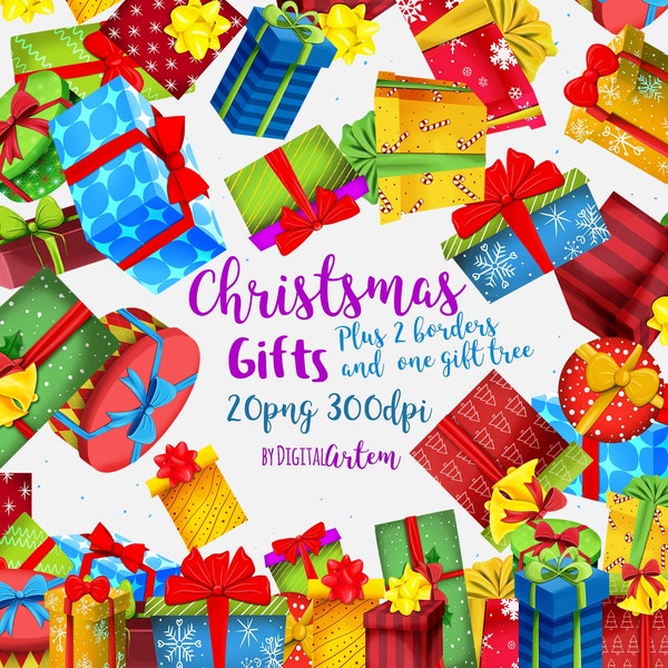 Christmas Gift boxes Clip art - Presents clipart - Ribbon - bows - Boxes - Gifts clipart - Commercial use clipart - Page borders - Xmas