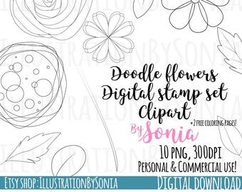 Doodle flowers Clipart- Flower Stamps -Digital Stamps - Digital doodles - Cute flowers -Kawaii Flowers - Coloring pages - 300dpi - 10 images
