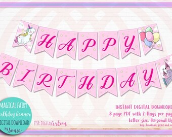 Magical fairy Birthday banner, PRINTABLE birthday banner, Unicorn happy birthday, Princess castle banner, happy birthday bunting, DOWNLOAD