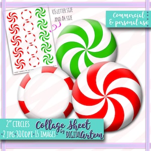 Collage sheet CHRISTMAS CANDY digital- Toppers Sweets - peppermint- lollipops - Xmas- 2 inch circles, 2&quot; round download 2&quot; bottle cap images