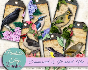 Vintage Ephemera Tags. Birds. Shabby printable gift tags toppers, ornaments. Printable graphics Instant download. DIGITAL collage sheet.