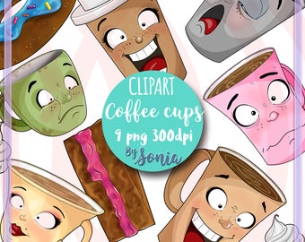 Coffee cups Clipart- Stickers - Coffee shop Clipart - Fun cute coffee cups - donuts -mugs - coffee lover- planner clip art -Download