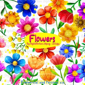 Watercolor flowers clipart  - Spring flowers clipart - Colorful flowers clipart - Faux watercolor - Meadow flowers clipart - Cute flowers