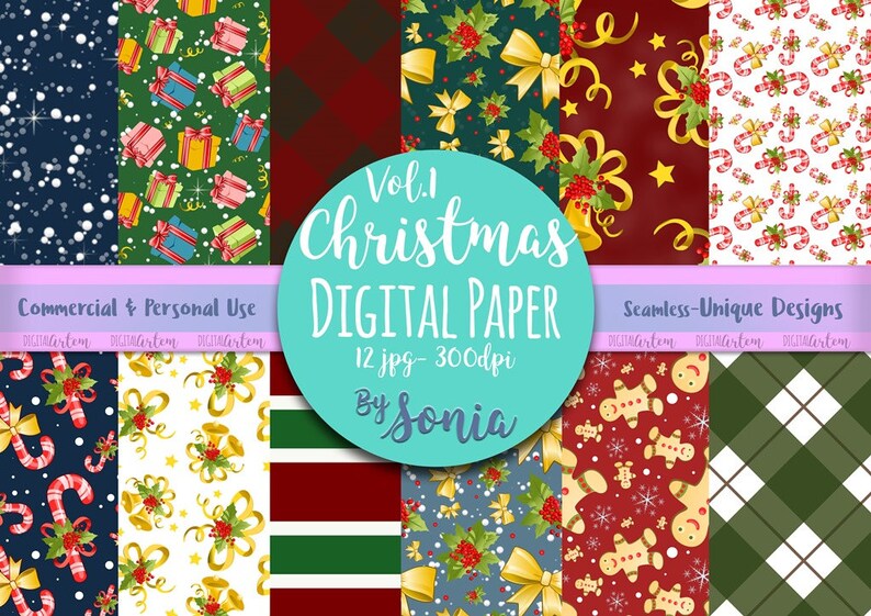 Christmas DIGITAL PAPER-Seamless paper-Christmas paper pack-Xmas paper-Ribbons-Bows-Candy cane-Gingerbread man-Plaid-Gift wrapping-Seasonal