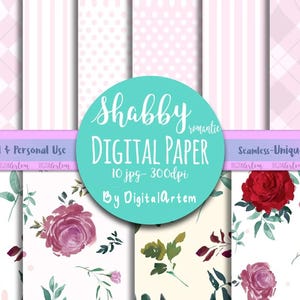 Floral Shabby Chic Digital paper pack, Floral pattern, Floral pink, Roses paper pack, Stripes paper DIGITAL Download- FULL commercial use
