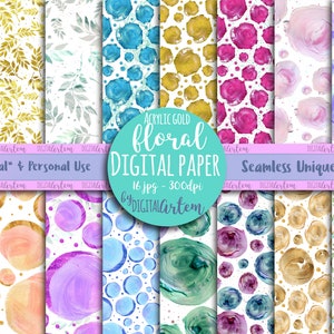 Seamless Paint brush Digital paper - Flower - Acrylic brush strokes digital background - dots - circles- Leaf - Roses - Realistic -Scrapbook