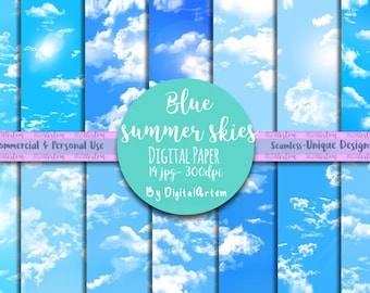 Blue sky DIGITAL paper patterned paper - Clouds sky - Spring - Clouds digital paper - Seamless sky - Sunrise paper -- Background overlays