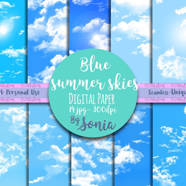 Blue sky DIGITAL paper patterned paper - Clouds sky - Spring - Clouds digital paper - Seamless sky - Sunrise paper -- Background overlays