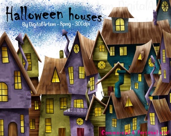 Halloween houses clipart set - Spooky houses - Whimsical houses clipart - Witch houses - Halloween mansion haunted house - Clipart - PNG