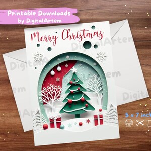 Ilustração de cartão de saudação 3D de árvore de Natal. DOWNLOAD DIGITAL. Cartão de saudação de Natal cores tradicionais. Imprima em casa. Uso pessoal