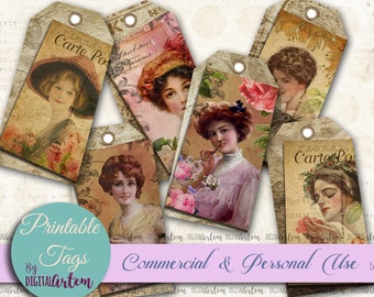 Vintage Ephemera Tags. Lady. Shabby printable gift tags. Printable hobby crafting digital graphics Instant download. DIGITAL collage sheet.