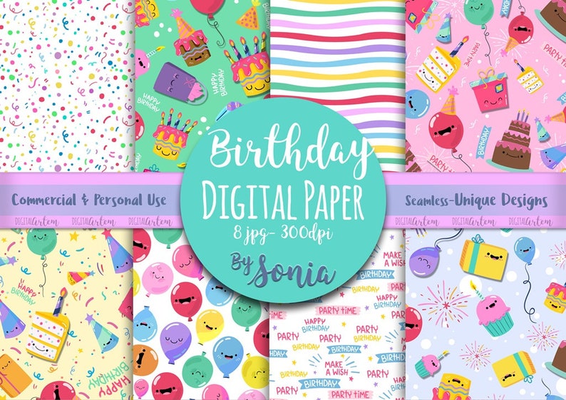 children party- wrapping paper seamless- Background Birthday Digital paper kawaii cake Birthday party patterned paper kid party