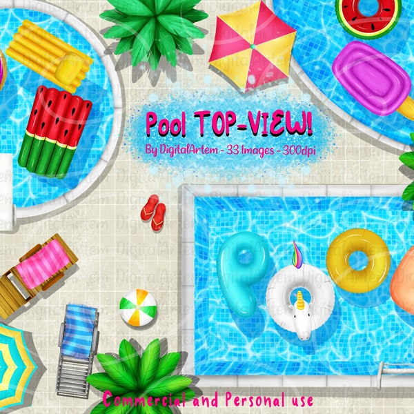 Zwembad TOP VIEW clipart set- Pool Party clipart- Inflatables clipart - Floatie clipart -Top view clipart -Scene builder clipart -Pool