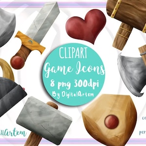 Viking Clipart Medieval Clipart - Cute Icons - Game Icons - Hammer - Heart - Knight - Warrior - Sword - Shield - Clip art - Instant download