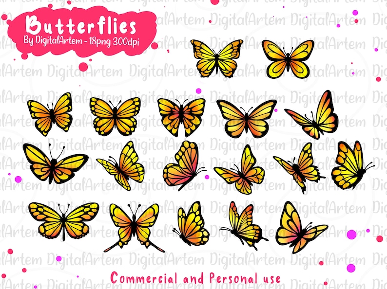 Yellow butterfly clipart set Monarch butterfly Commercial use Butterflies clipart Butterfly bundle set Orange butterfly clip art image 2