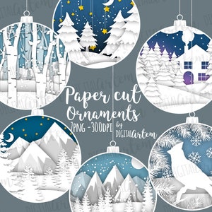 Décorations de Noël hiver - Clipart boules de papier découpé - hiver - bouleau - montagne - oiseaux - neige. TÉLÉCHARGEMENT NUMÉRIQUE. Utilisation commerciale