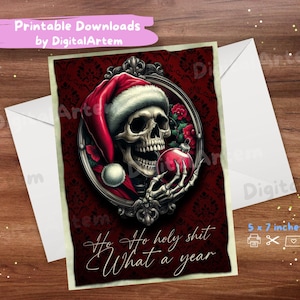Arte de cartão de Natal com caveira gótica. Cartão para impressão. DOWNLOAD DIGITAL. Cartão de felicitações. Natal gótico. Engraçado Uso pessoal. 5 x 7 polegadas