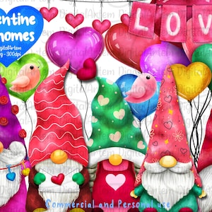 Clipart de gnomos de dia dos namorados - Clipart de gnomo - clipart romântico - clipart de amor - clipart de gnomos - conjunto de clipart de dia dos namorados - corações - banner - pássaro