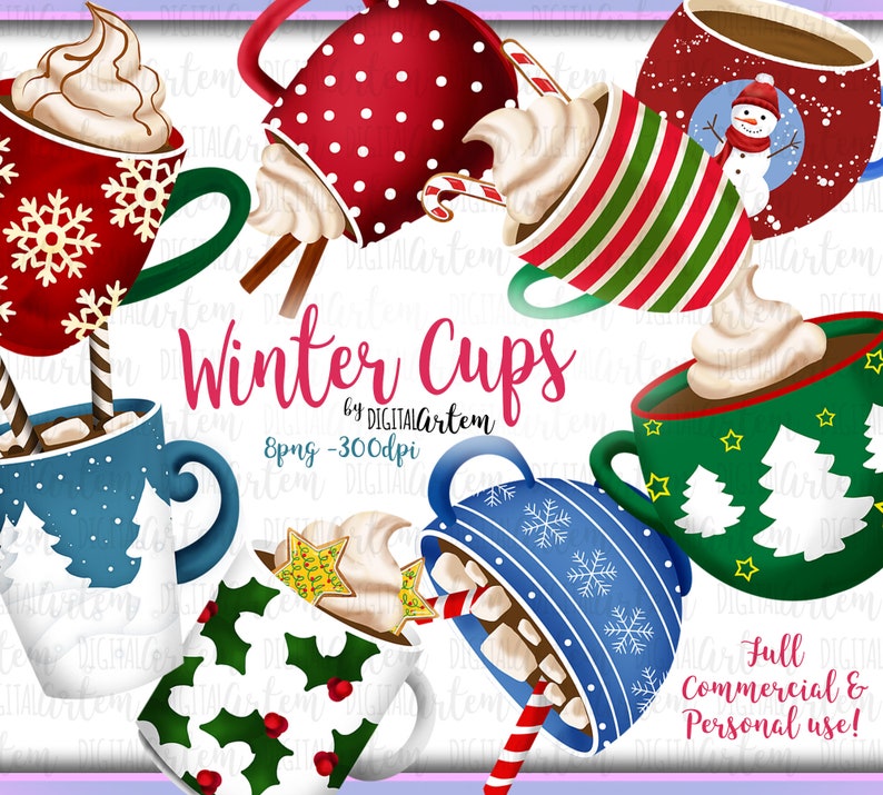 Winter cups clipart - Christmas Coffee Tea Clipart - Hot chocolate Clipart, Christmas Sweets & Treats Digital Clip Art, Holiday Printables 