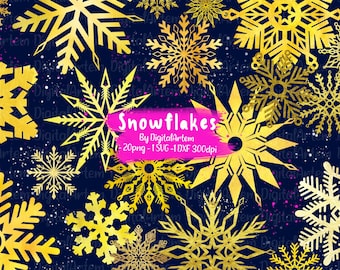 Gold Snowflakes Clipart - Glitter gold snowflakes -Snowflake SVG, PNG, DXF - Commercial use snowflake clipart - Gold Christmas clipart