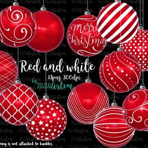 Witte en rode kerstballen Clip art, 3D Christmas Ornaments Clipart, sterren, strepen, afbeeldingen, illustraties Kerstmis, decor, Instant download