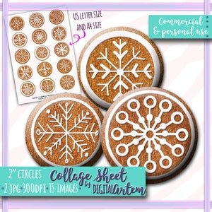 Round GINGERBREAD COOKIES, Snowflake design digital- Toppers Christmas collage sheet- 2 inch circles, 2&quot; round download 2&quot; bottle cap images