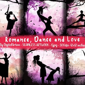 Valentine background Romantic Dancing scenes DIGITAL PAPER - Valentine card - Silhouette - Printable scenes - Dance - Love Fairy - Seamless