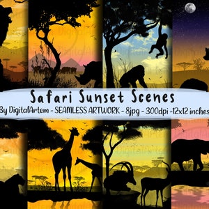 Scene di sfondo safari Carta DIGITALE, Confezione di carta senza soluzione di continuità con animali africani, Carta tagliata, Tramonto senza soluzione di continuità, Silhouette di animali, Scena safari
