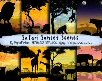 Safari Background scenes DIGITAL paper, African animals seamless paper pack, Paper Cut, Sunset seamless, Silhouette animals, Safari scene