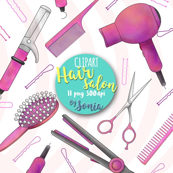 Salon de coiffure Clipart- Coiffeur Clipart - Beauty spa - Comb - hair iron - Sèche-cheveux -ciseaux - Salon clipart - clipart - Clipart mignon