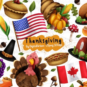 Clipart del Ringraziamento - Clipart acquerello - Ringraziamento - Tacchino - Bandiera americana - Canada - Pellegrino - Tacchino - Torta - Autunno - USO COMMERCIALE