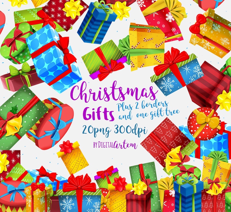 Christmas Gift boxes Clip art Presents clipart Ribbon bows Boxes Gifts clipart Commercial use clipart Page borders Xmas zdjęcie 1