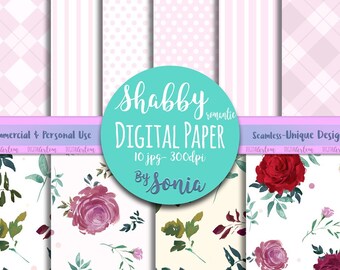 Floral Shabby Chic Digital paper pack, Floral pattern, Floral pink, Roses paper pack, Stripes paper DIGITAL Download- FULL commercial use