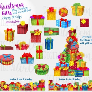 Christmas Gift boxes Clip art Presents clipart Ribbon bows Boxes Gifts clipart Commercial use clipart Page borders Xmas zdjęcie 2