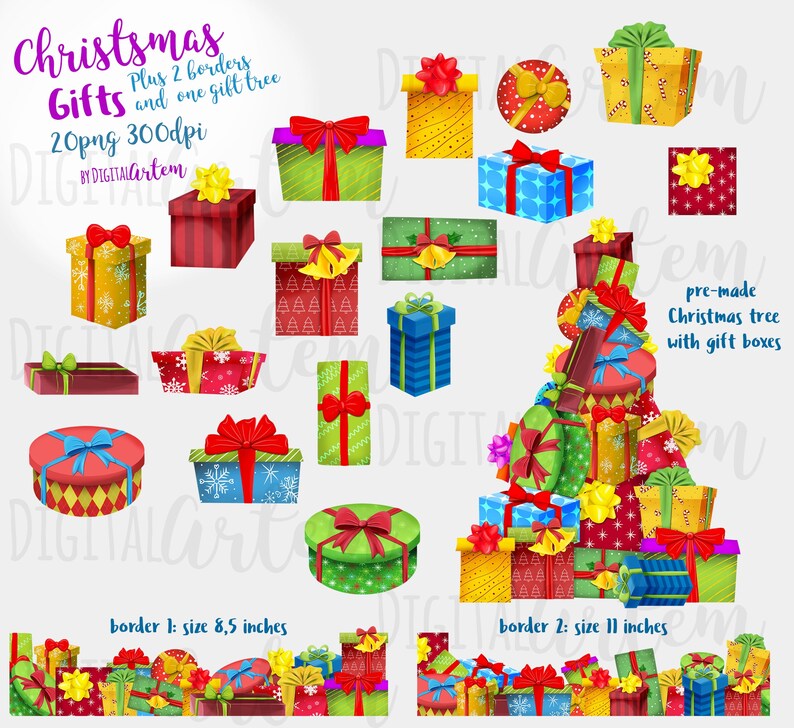 Christmas Gift boxes Clip art Presents clipart Ribbon bows Boxes Gifts clipart Commercial use clipart Page borders Xmas zdjęcie 2