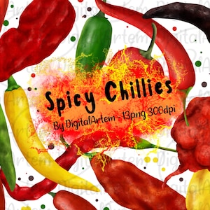 Chilli Peppers clipart - Hot spicy chillies clipart - Carolina Reaper - Ghost pepper - Jalapenio - Cayene - spices - Food clipart - scoville